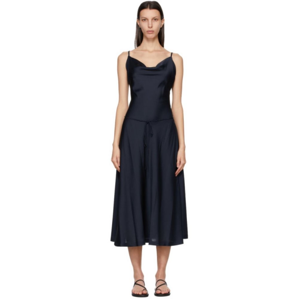 Low Classic Slim Cowl Dress Navy Button Belted - Picture 1 of 13